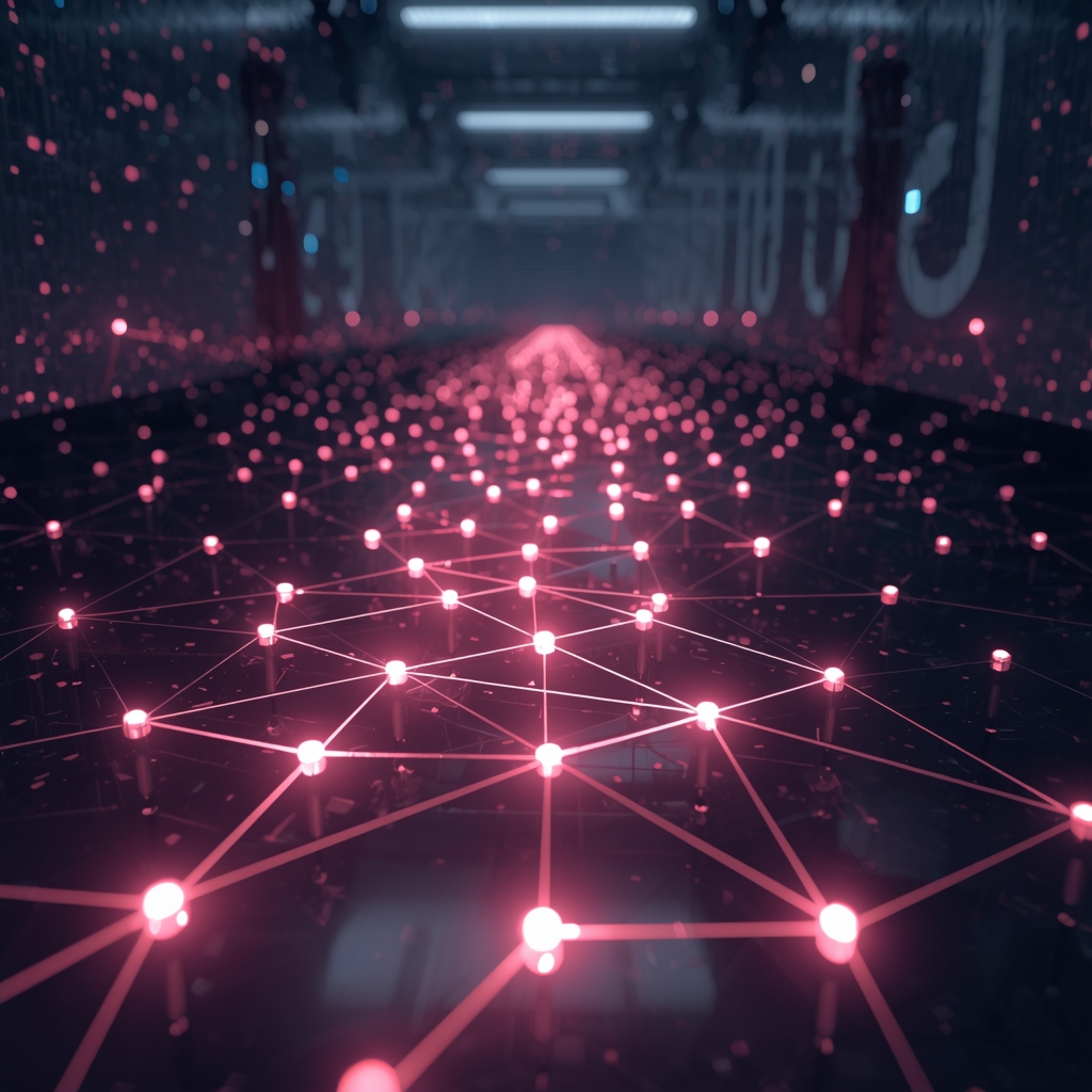 Generate an image of an abstract 3D glowing strategic path with interconnected nodes in a futuristic corporate environment. (no woman image)